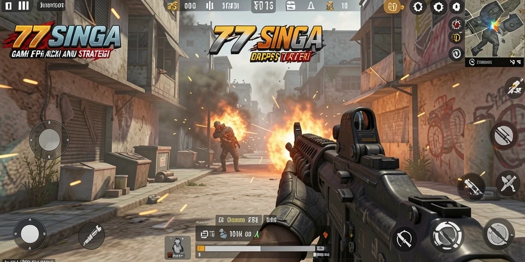 Screenshot gameplay 77SINGA yang menunjukkan aksi tembak-menembak yang intens.