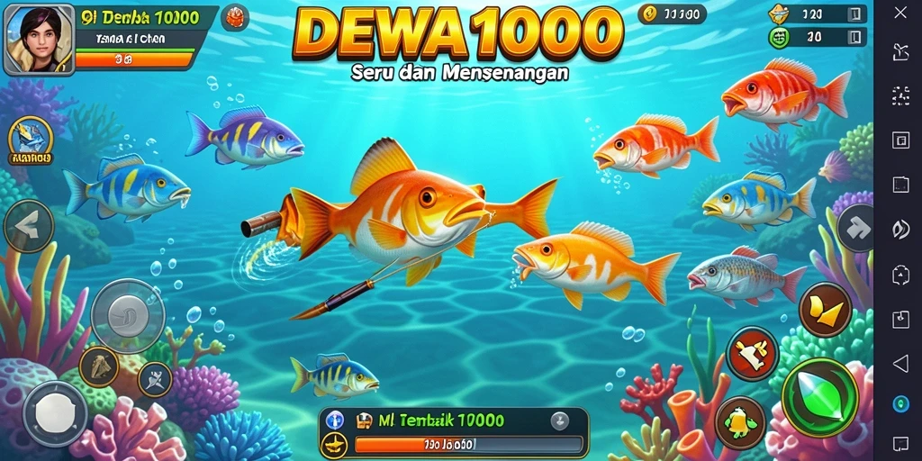 Gameplay DEWA1000 menampilkan berbagai ikan dan senjata yang dapat digunakan.