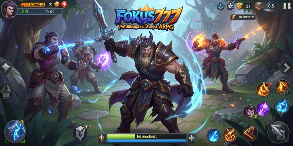 Tampilan gameplay FOKUS777 dengan karakter beraksi di medan perang ARPG.