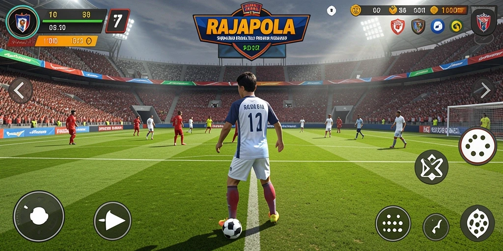Tampilan gameplay RAJAPOLA yang seru dan menarik di lapangan sepak bola.