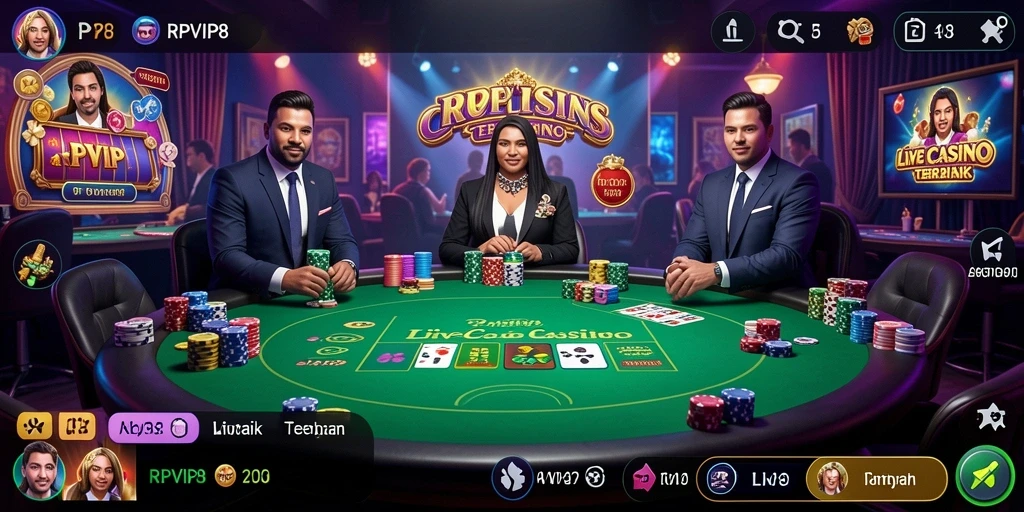 Screenshot gameplay RPVIP8 menampilkan dealer langsung yang berinteraksi dengan pemain.