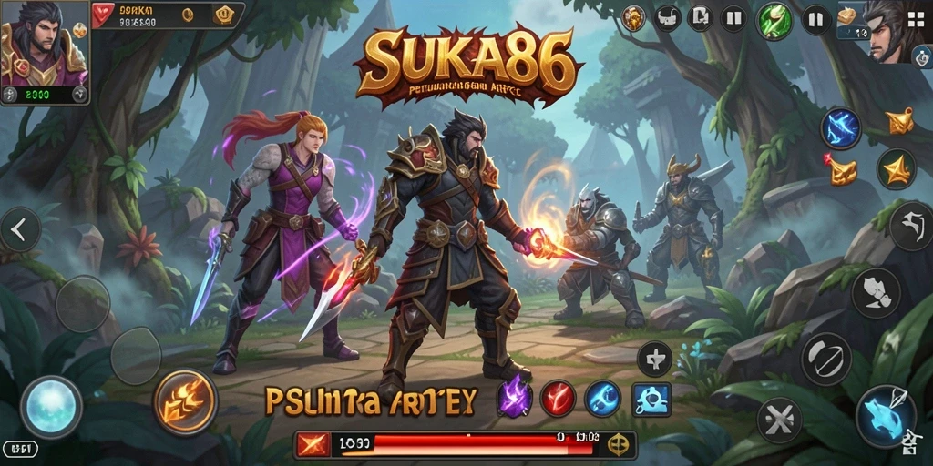 Screenshot gameplay SUKA86 yang menampilkan pertarungan seru dan lingkungan fantastis.