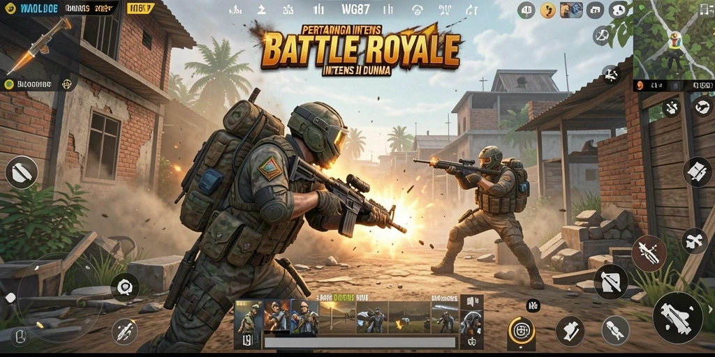Screenshot utama dari gameplay Battle Royale WG87 dengan aksi pertempuran yang intens.